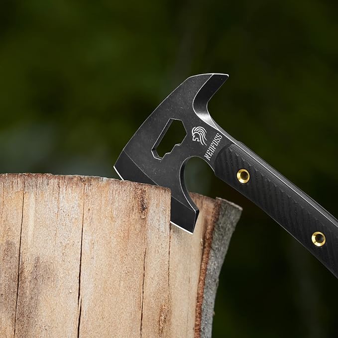 NedFoss Bison 9.8" Tactical Hatchet Axe, Tomahawk Hatchet with Genuine Leather Sheath and G10 Handle, Compact Camping Gear Bearded Axe, Multifunctional Survival Axe with Spike Tools, Camping Axe