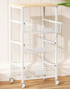 4-Tier Small Kitchen Storage Cart on Wheels with Pull-Out Drawers, Rolling Pantry and Snack Organizer Cart with Wood Top, Kitchen Floor Fruit Basket Stand for Fruit Potato Onion Veggie Snack