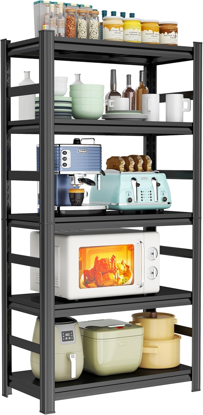Storage Shelves, Heavy Duty 5-Tier Kitchen Shelving, 63" H Metal Storage Unit with Adjustable Shelves, Free Standing Pantry Organization Shelf, for Pantry and Garage, Black