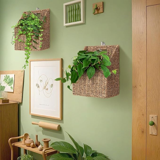 Wicker Hanging Storage Baskets (10.5"Lx6.5"Wx13"H), Set of 2 Wall Basket, Seagrass Basket, Wall Decor Baskets, Seagrass Woven Hanging for Organizing Files, Mails, Books, Accessories