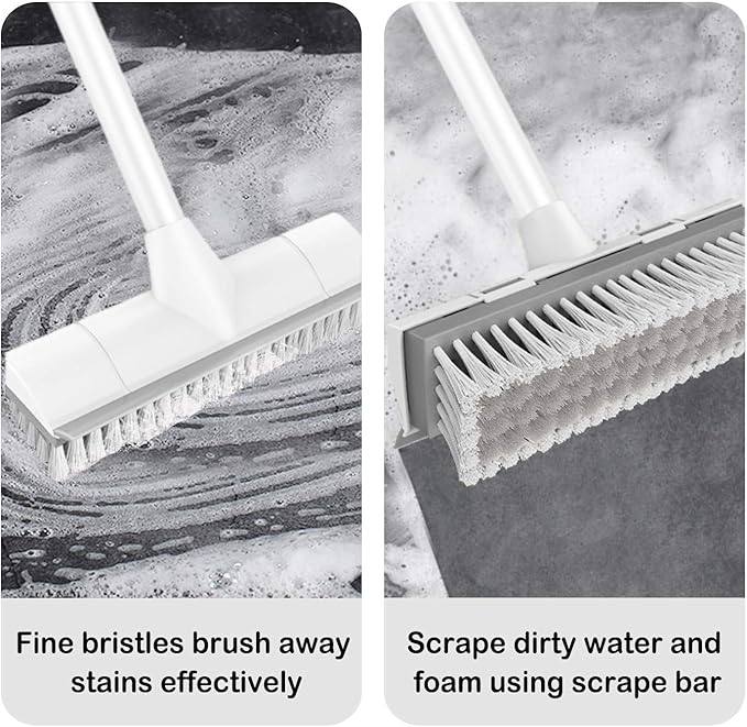 BOOMJOY Floor Scrub Brush with Long Handle, 2 in 1 Scrape and Brush, Stiff Bristles for Cleaning Bathroom, Patio, Garage, Kitchen, Deck, Tile