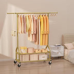 EAGMAK Heavy Duty Clothes Rack Load 556 LBS, Rolling Clothing Rack With Shelves, Height Adjustable Metal Clothes Hanger with Wheels Portable Wardrobe Organizer Garment Rod for Hanging Clothes (Gold)