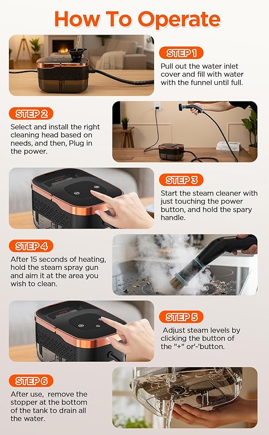 Steam Cleaner for Home, 15s Fast Heat-Up, 6 Level Adjustable Steam, 43oz Big Tanks, 79" Steam Hose, 8 Cleaning Brush Head, 1500W Portable Handheld Steam Cleaner for Cleaning Home, Floor, Wall, Car