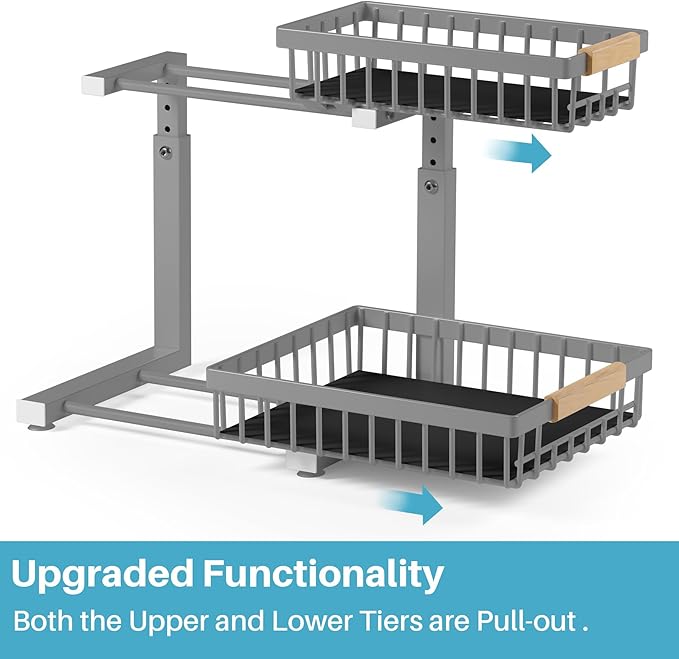 1 Packs 2 Tier Grey Under Sink Organizer,Under Sink Organizers and Storage, Slide Out Pull Out Cabinet Organizer Shelf, Metal Sliding Drawer for Kitchen Bathroom Cabinet Organization Rack