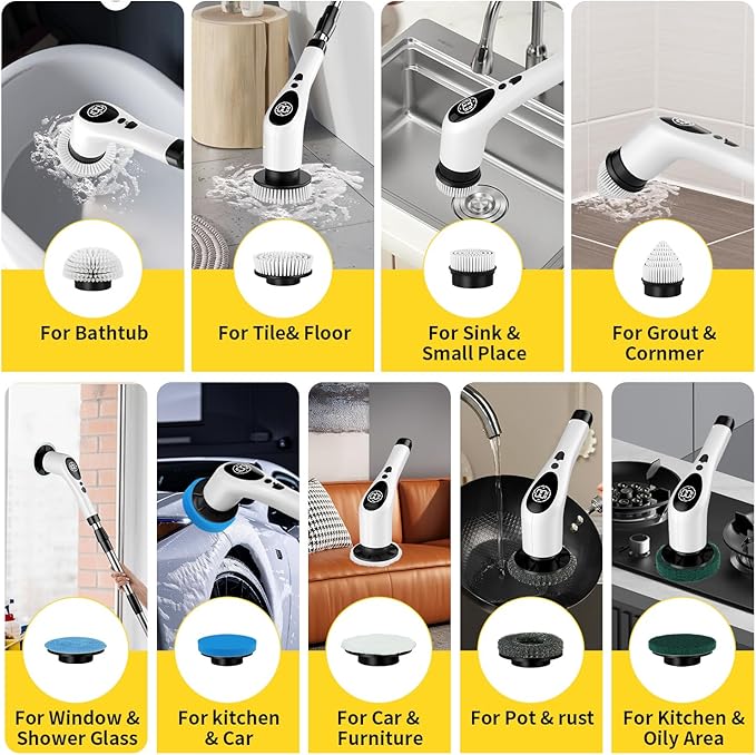 Electric Spin Scrubber,Cordless Cleaning Brush,Shower Scrubber with 9 Scrub Brush,3 Speed,Adjustable Extension Handle,Power LED Display, Voice Broadcast,Power Scrubber for Bathroom Kitchen Cleaning