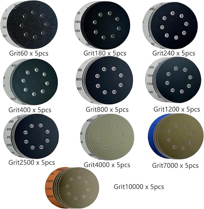 50pcs Sandpaper 8 Hole 5 inch Sanding Discs Hook and Loop 60/180/240/400/800/1200/2500/4000/7000/10000 Grits with Hand Sander for Automotive Metal Polishin