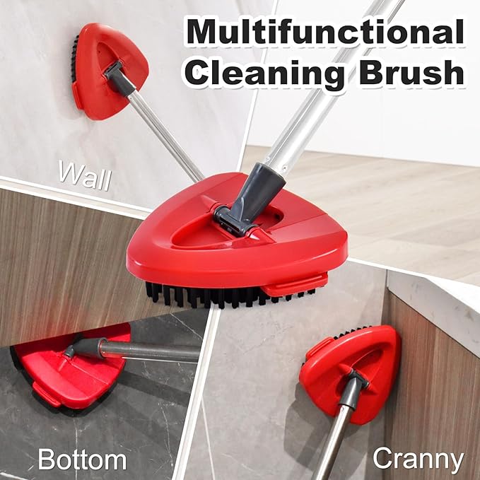 4 Part Stainless Steel Spin Mop Handles, Mop Base & Upgrade Scrub Brush Combo for Ocedar EasyWring 1 Tank Spin Mop System, Mop Handle Mop Base & Brush Set for O Cedar Mop, Universal Thin Screw Joints