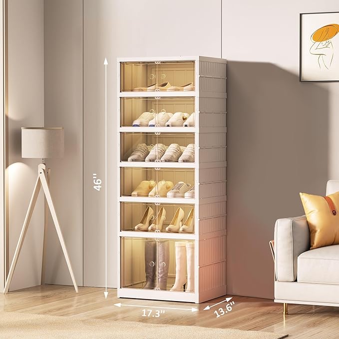Foldable Shoe Rack Organize 6 Tier Plastic Shoe Shelf, 12 Pairs Collapsible Shoes Storage Bins, Large Folding Shoe Boxes for Closet with Doors, Stackable Storage Shoe Cabinet
