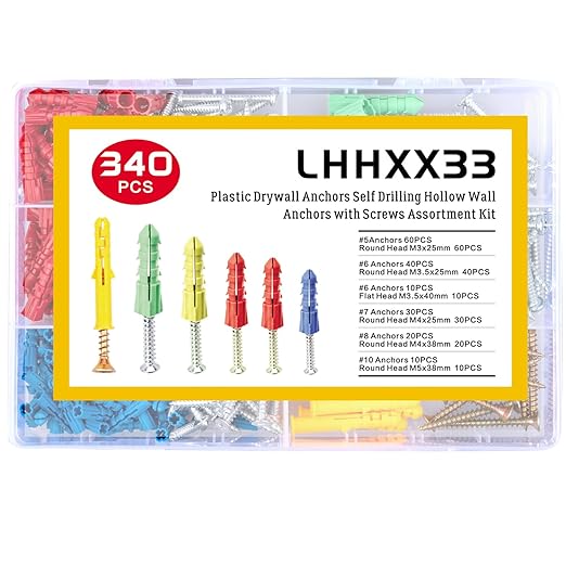 340-Piece Drywall Anchors and Screws Combo Pack - 170 Plastic Wall Anchors and 170 Screws - Assorted Sizes - Organizer Box Included - Wall Anchors and Screw for Drywall