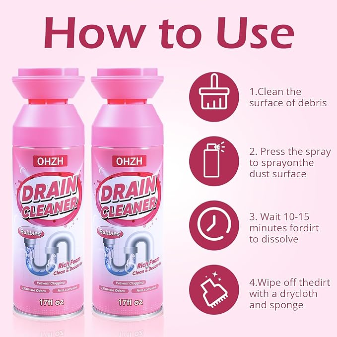 Foaming Drain Cleaner,Drain Clog Remover –Sink Cleaner and Deodorizer,Foaming Cleaners for Kitchen, Sinks, Shower Drains,Tub (2pcs)