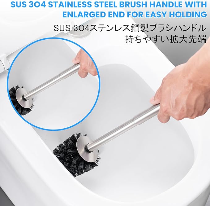 SUS304 Stainless Steel Toilet Brush and Holder Toilet Brush and Cases Bathroom Bowl Cleaning Brush Double Layer Holder Long Brush Handle High Density Bristles Silver