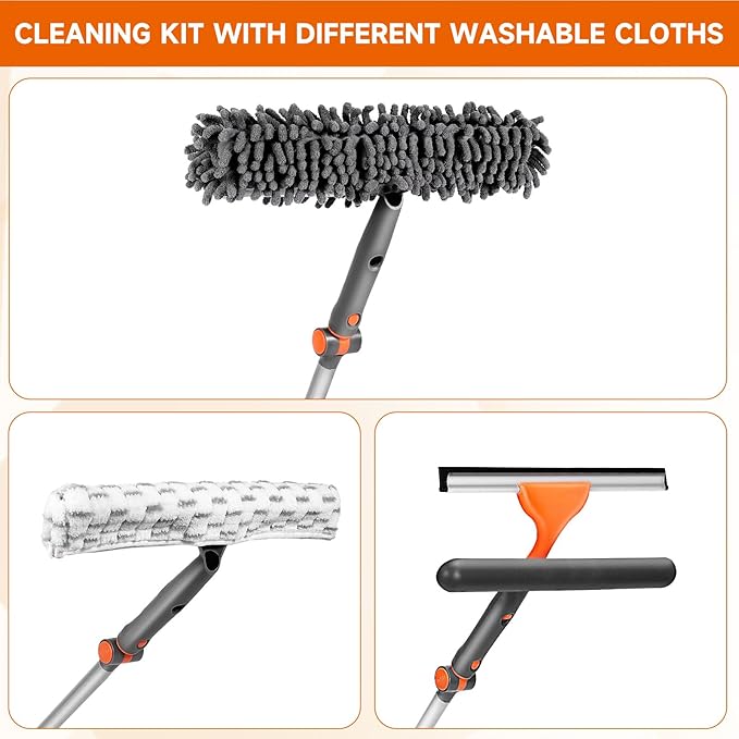 Window Squeegee Cleaner Set 2-in-1 Window Cleaning Tool with Extendable Pole, Window Cleaning kit with Bendable Head for Indoor & Outdoor Glass for Car Indoor Outdoor High Windows（Kit1.0）