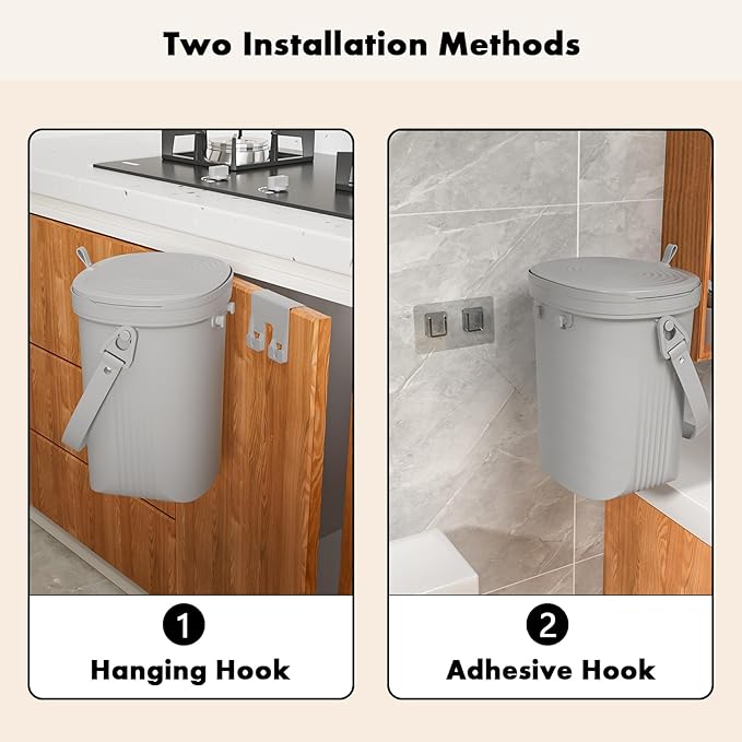 Mountable Kitchen Compost Bin for Counter Top or Under Sink, Hanging Trash Can with Lid for |Cupboard|Bathroom|Bedroom|Office|Camping, Indoor Compost Bucket, 2 Gallon Grey