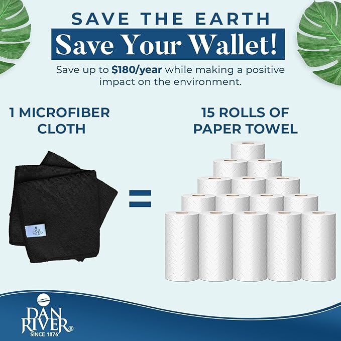 DAN RIVER 12-Pack Black Microfiber Towels – Ultra Absorbent, Lint-Free & Streak-Free Cleaning Rags for Home, Car & Kitchen - Must-Have Cleaning Essentials - 12" x 12"