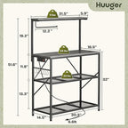Huuger 4-Tier Bakers Rack with Reversible Power Outlet, 31.5 Inch Microwave Stand, Kitchen Bar, with Top Shelf, 6 S Hooks, Grey