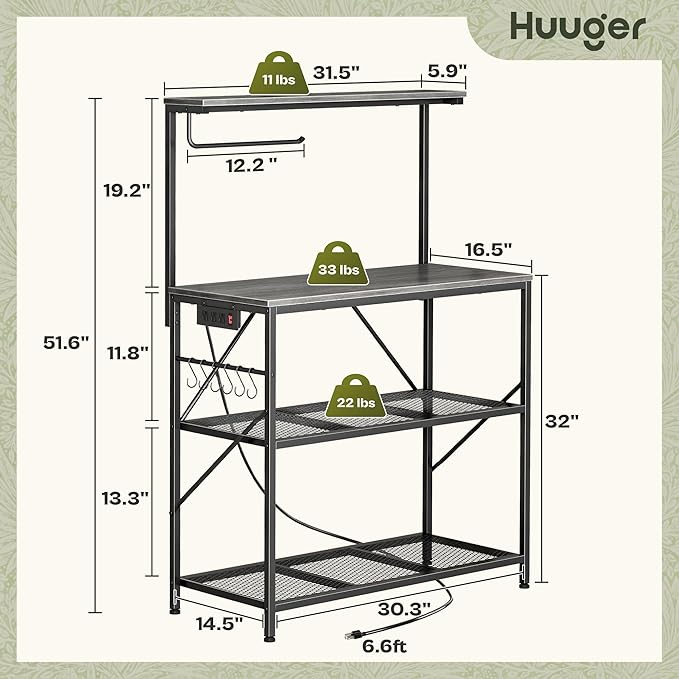 Huuger 4-Tier Bakers Rack with Reversible Power Outlet, 31.5 Inch Microwave Stand, Kitchen Bar, with Top Shelf, 6 S Hooks, Grey