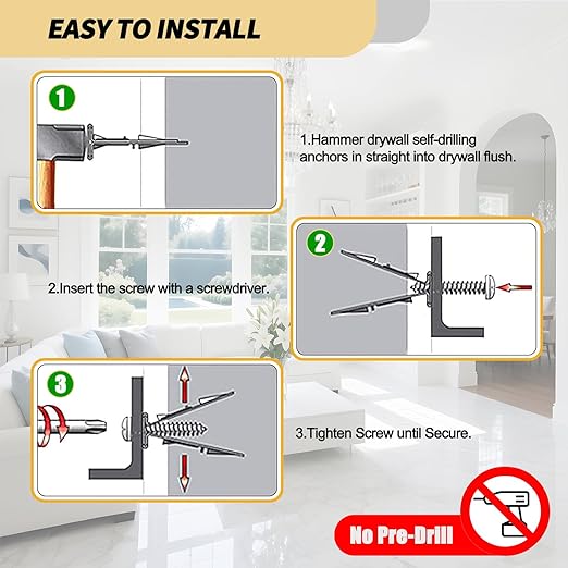 80PCS Self Drilling Drywall Anchors and Screws Kit, Upgraded 3 Sizes Zinc Plated Steel Self Drilling Drywall Anchors Screws, No Pre-Drill No Holes, Metal Screw Anchors Kit for Wall Hanging