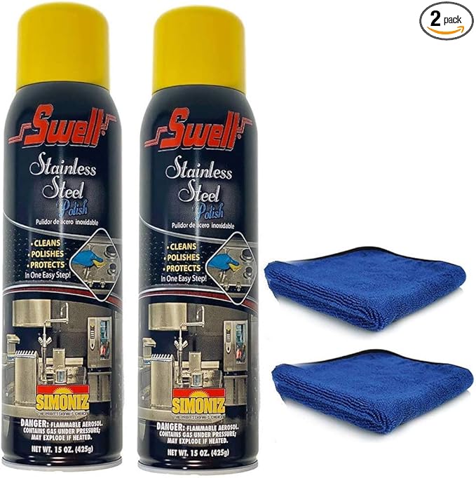 Simoniz USA 15 oz 2pk Swell Stainless Steel Polish Aerosol Spray Cleaner + 2 GRACE I AM Microfiber Polishing Cloth