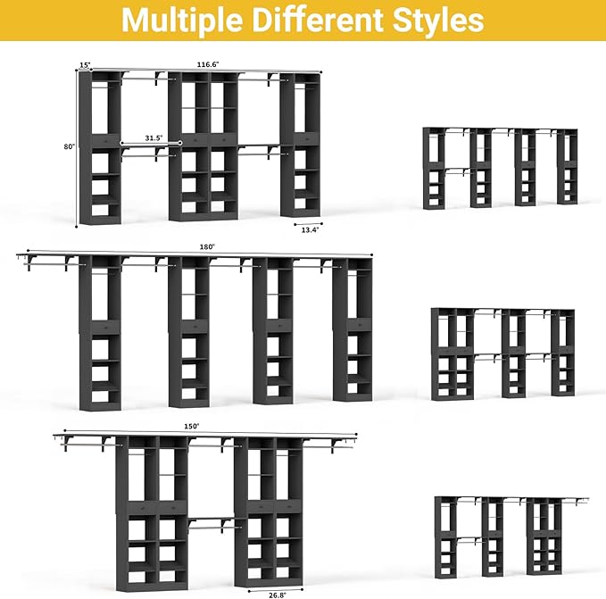 Unikito 10-15FT Closet Systems, Large Wood Walk in Closet Organizer with Hanging Rods and Drawers, Heavy Duty Closets Wardrobe with Shoe Racks, Sturdy Reversible Clothes Closet Kit, Black, Set of 2