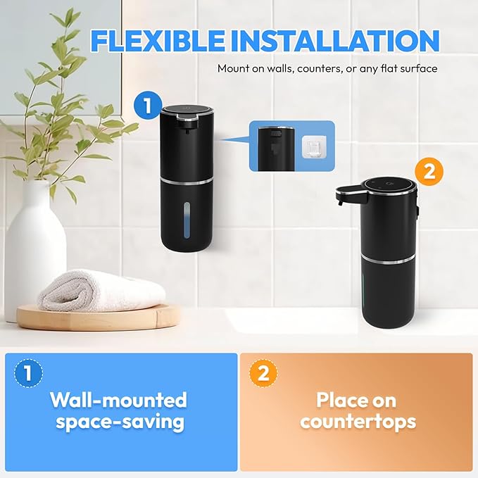 Automatic Soap Dispenser Touchless,Liquid Hand Soap Dispenser 12.8oz USB 4levels Adjustable Dispenser Electric Wall Mounted Smart for Bathroom and Kitchen Dish Soap，Easy for Toddlers(Black)