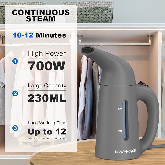 Steamer for Clothes, Handheld Garment Steamer, Portable Clothes Steamer Remove Wrinkle, 180ml Water Tank, 12 minutes Continuous Steam, 2.3 meter Cord, Ideal for ALL Fabrics, One button Design (Gray)