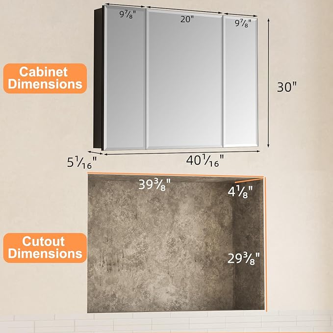 40x30 Inch Medicine Cabinet with Mirror, Aluminum Bathroom Mirror Cabinet, Beveled Edge Mirrored Door, Adjustable Shelves, Surface or Recessed Mount Bathroom Mirrors with Storage, Triple Door,Black