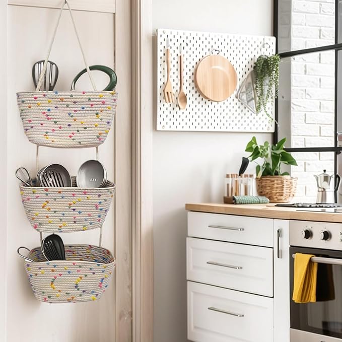 Nursery Storage Must-Have! 3-Tier Cotton Hanging Baskets with Colorful Dots - Over-the-Door Organizer for Baby Clothes, Toys & Essentials