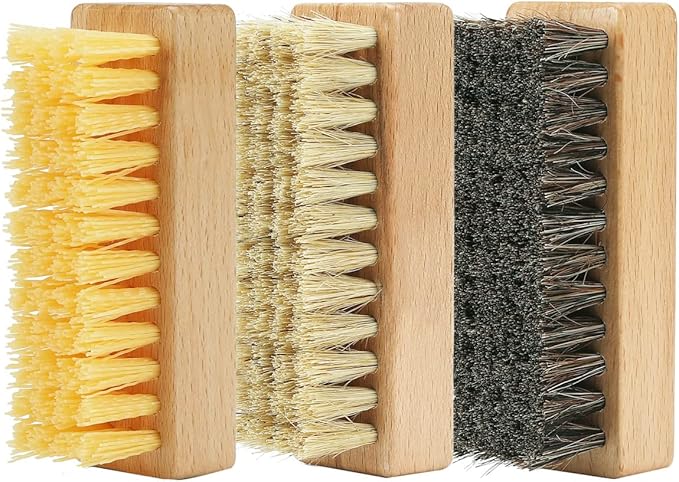 Shoe Cleaning Brush Set with Nylon, Boar and Horsehair Bristles, Wooden Sneaker Cleaner Brush for Leather, Suede, Canvas, Textile, Bags and Accessories - 3 Pack
