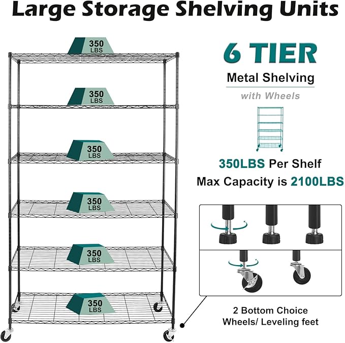 WDT NSF Certified Storage Shelves on Wheels, Heavy Duty Metal Shelves for Storage with Adjustable Stand, 6-Tier Wire Shelving Unit for Garage Pantry Kitchen Shelf Rack, 47" D x 17" W x 80" H