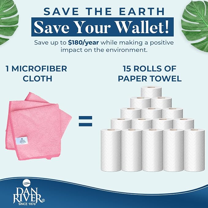 DAN RIVER 12-Pack Pink Microfiber Towels – Ultra Absorbent, Lint-Free & Streak-Free Kitchen Cleaning Cloths for Home, Car & Kitchen - Must-Have Cleaning Essentials - 12" x 12"