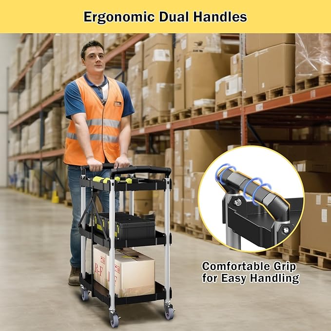 Foldable Rolling Cart, 3 Tier Folding Utility Service Carts with Wheels Lockable Handles for Women No Assembly Storage School Restaurant Warehouse Garage 180LBS Capacity