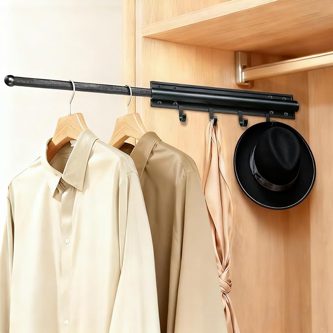 12 in Valet Rod for Closet Pull Out – Closet Valet Rod Slide Out, Heavy Duty with 4 Hooks, for Hanging Clothes/Hats/Belts & Closet/Laundry Room Organization – Black