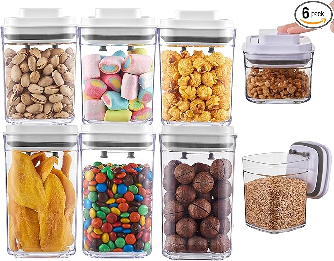 Pop Top Food Storage Container Set | 6Pcs Airtight Cereal Storage Organizer Canisters with Pop Lids, BPA-Free, Vacuum Seal & One-button Opening, Stackable Pantry Containers for Dry Food Storage