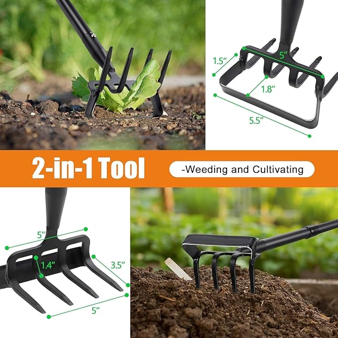 Dual Function Hoe Garden Tool - 36-82” Extra Long Handle Lightweight Stirrup Hula Hoe for Easy Weeding, Carbon Steel Sharp Blade & 4 Tine Rake for Gardening
