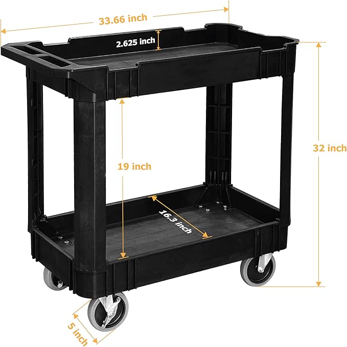 Olympia Tools 2 Shelf Black Rolling Utility Cart - Supports Up to 500 lbs, Comfort Handle - Heavy Duty Carts With Wheels - Great for Warehouse, Garage, Manufacturing, Cleaning