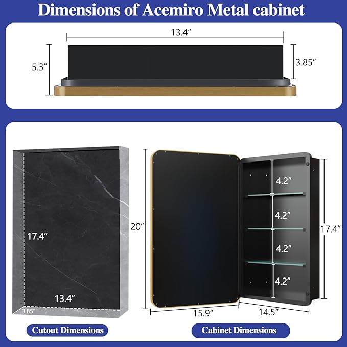 Bathroom Medicine Cabinet,16"x20" Mirror Door with Stainless Steel Brush Gold Frame,Recessed & Surface Wall Cabinet with Removable Glass Shelves,Rust-Resistant Bathroom Storage Cabinet