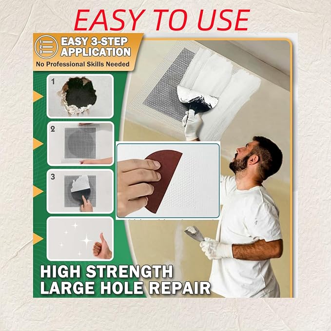 Professional Drywall Repair Kit 12x12 Inch - Self-Adhesive Mesh Patch for Large Holes in Walls & Ceilings, Quick & Easy Wall Hole Repair Kit(Heavy Duty)