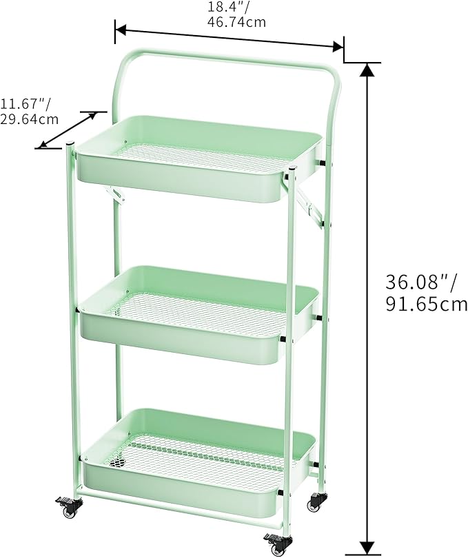 JAQ Foldable Rolling Cart, 3-Tier Metal Folding Storage Utility Carts Basket Rack Organizer with Handle on Wheels for Snacks Books Fruits for Kitchen Living Room Pantry Bathroom - (Green, 3-Layer)