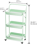 JAQ Foldable Rolling Cart, 3-Tier Metal Folding Storage Utility Carts Basket Rack Organizer with Handle on Wheels for Snacks Books Fruits for Kitchen Living Room Pantry Bathroom - (Green, 3-Layer)