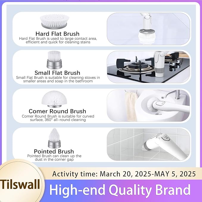 Tilswall Cordless Electric Spin Scrubber - IPX7 Waterproof Cleaning Brush with 180Min Runtime & 43" Extendable Handle, Ideal Gift for Home/Bathroom/Car (Includes 4 Brush Heads)