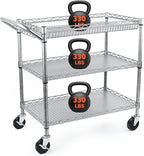 Heavy Duty Utility Cart, 990Lbs Capacity 3 Tier Rolling Carts with Wheels, Kitchen Cart on Wheels with Storage, Commercial Grade Metal Serving Carts with Wire Shelving &Handle Bar, Silver