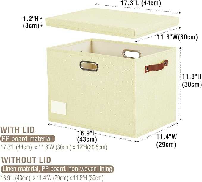 17" Large Collapsible Storage Bins with Lids, Stackable Closet Organizers with PU Handle and Labels, 3-Pack Decorative Fabric Storage Boxes for Home, Bedroom, Closet, Office, Nursery(Beige)