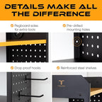 Power Tool Organizer - Wall Mount Storage for Garage Organizes 4 Cordless Drills & Tools - Easy Assembly Heavy Duty Rack has Pegboard Sides Shelves & Hooks - Neatly Holds Screwdrivers & Drill Bits