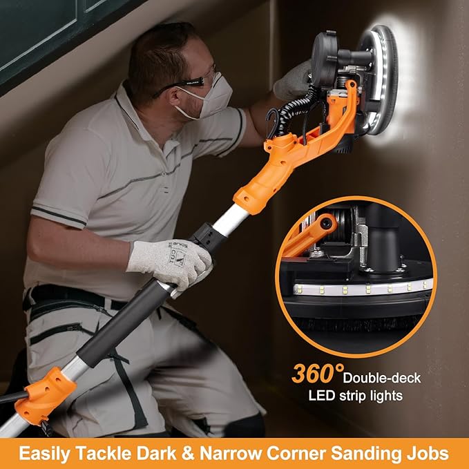 Electric Drywall Sander, 2200RPM Drywall Sander with Vacuum, 1000W Automatic Dust Collector with LED Light, Foldable Popcorn Ceiling Removal Tool with 6 Variable Speed &15Pcs Sanding Discs