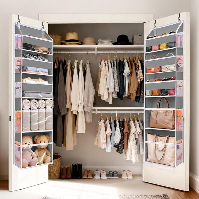 5 Tiers Over Door Organizer with 10 Mesh Side Pockets, 50 lbs Weight Capacity Hanging Storage Organizer with Clear Window Kids Toys, Shoes, Diapers, Dark Gray