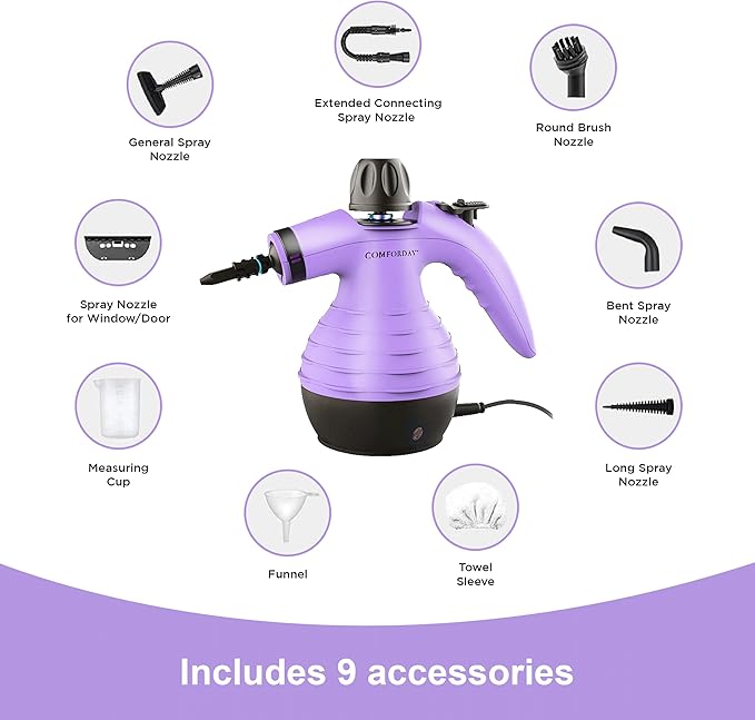 Comforday Multi-Purpose Handheld Pressurized Steam Cleaner with 9-Piece Accessories, Handheld Steamer Perfect for Stain Removal, Curtains, Car Seats, Floor, Bathroom, Window Cleaning (Purple)