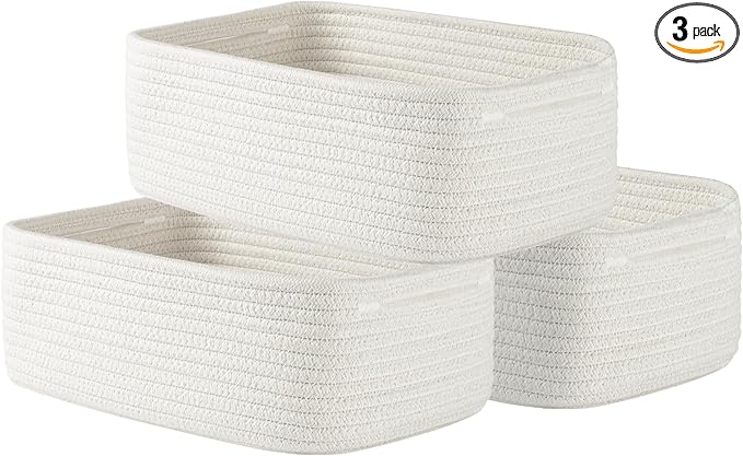 Small Woven Basket, 12 x 8 x 4.5 Inches, Storage Basket for Organizing, Cute Small Rope Shelf Closet Cube Storage Bins Baskets for Shelves, Dog Toy Gift Baskets Empty, 3 Packs, Off White