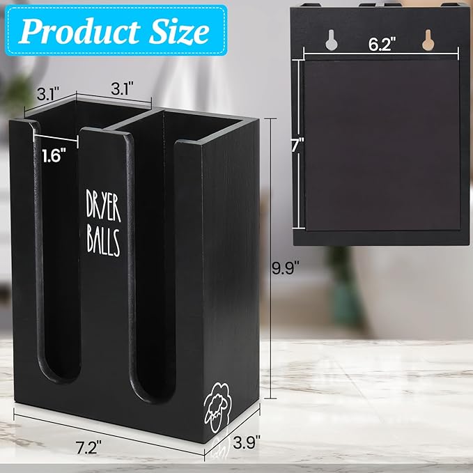 Magnetic Dryer Ball Holder for Laundry Room Organization, Wood Dryer Ball Container Wall Mount, Dryer Balls Organizer for Laundry Room Storage, Laundry Wool Dryer Ball Dispenser Basket (Black)