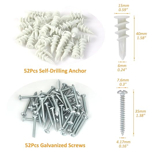 Self Drilling Drywall Anchors - 104Pcs Dry Wall Anchors and Screws Kit for Drywall,52 Self-Tapping/Threaded Plastic Sheetrock Anchors + 52#8 x 1-1/4'' Screws, Heavy Duty 75LB Hanging