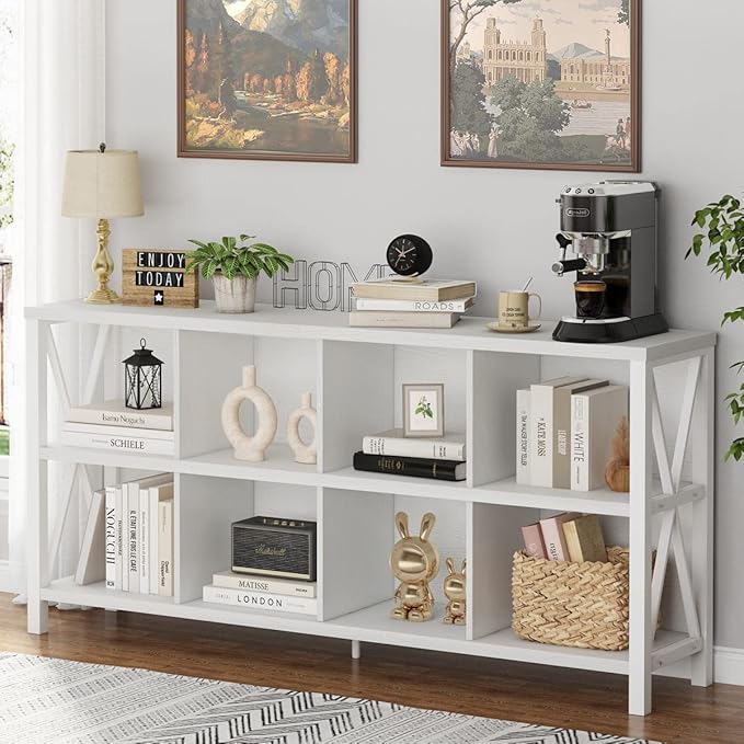 FATORRI 8 Cube Storage Organizer Bookshelf, Rustic Wood Cubby Bookcase, Industrial Horizontal Long Shelf for Living Room (White Oak, 62 Inch)